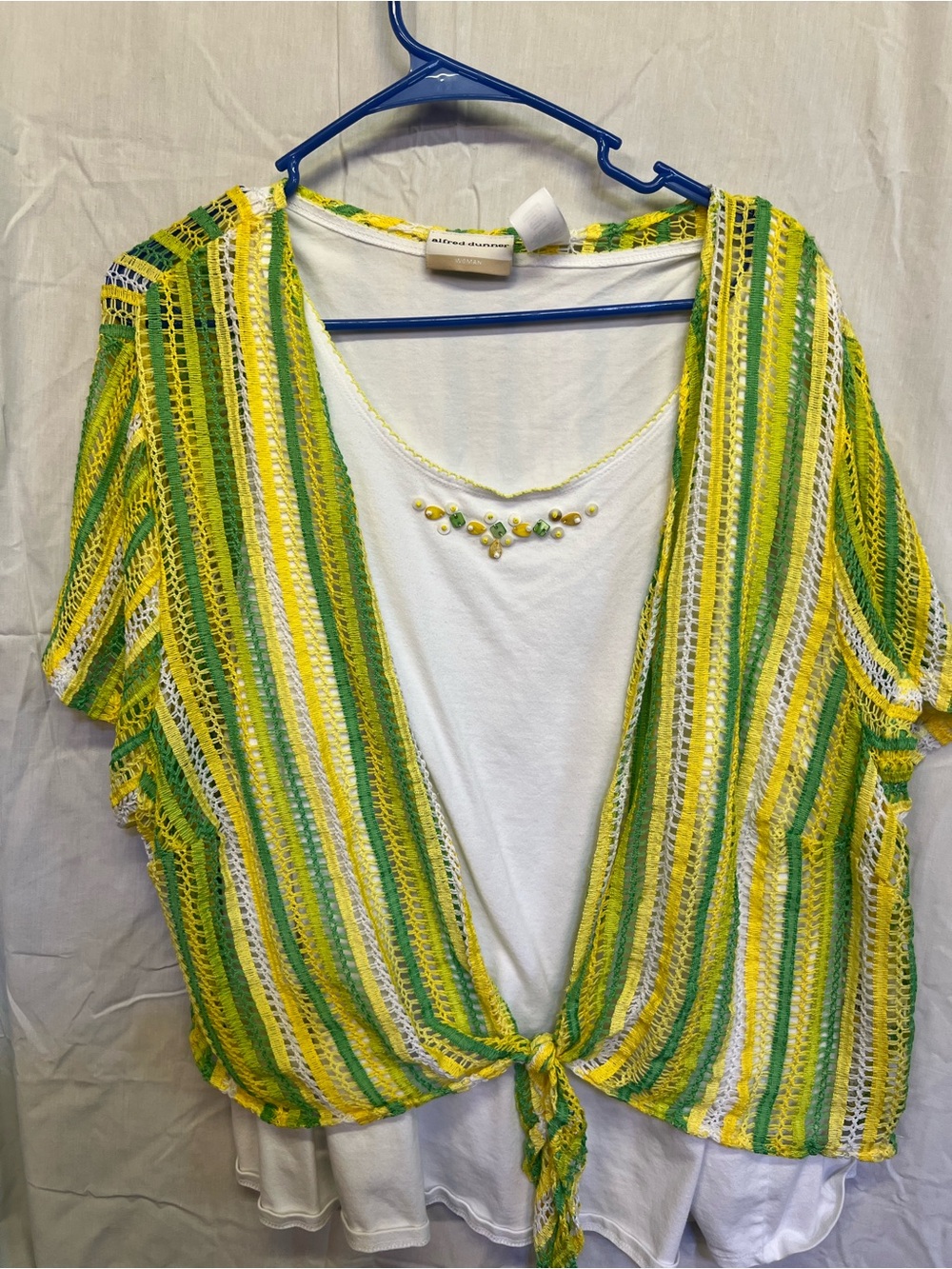 Alfred Dunner Women's Yellow Green Striped 2 Piece Tank and Crocheted Coverup